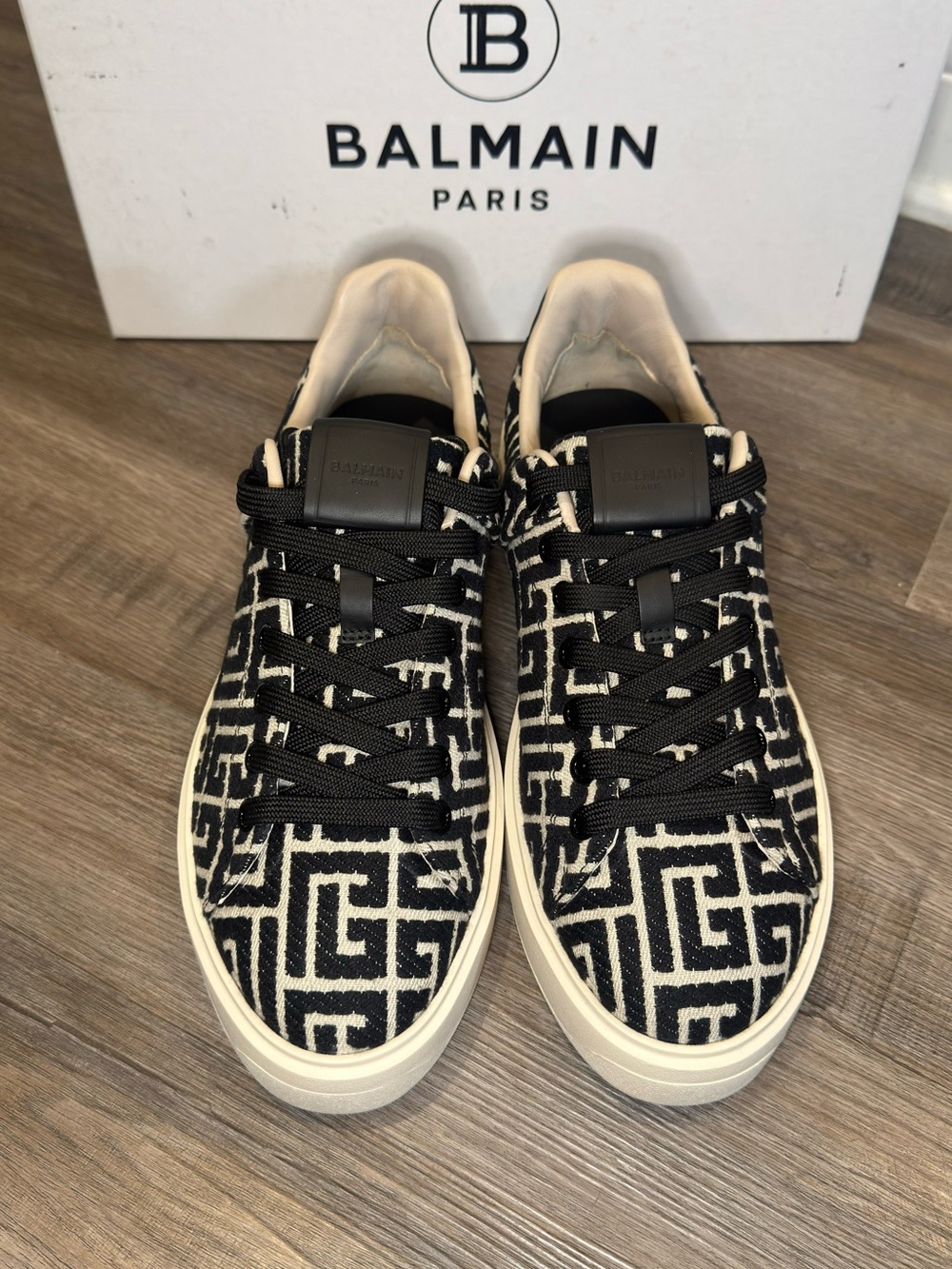 Balmain Monogram B-Court Jacquard Logo Black White Sneakers